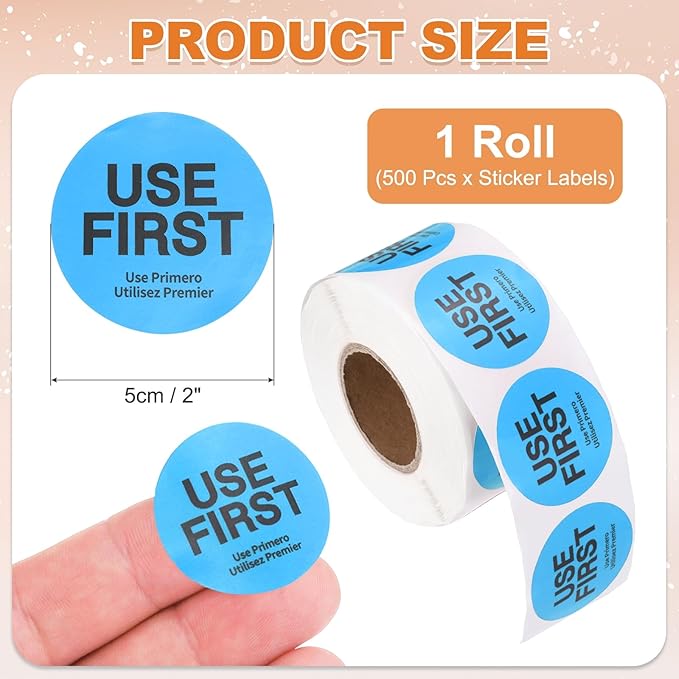 PATIKIL 500 Pcs USE First Stickers, 2 inch Round Use First Stickers Food Service Circle Inventory Control Adhesive Labels for Food Service Kitchen Restaurants Retail Storage Date, Blue