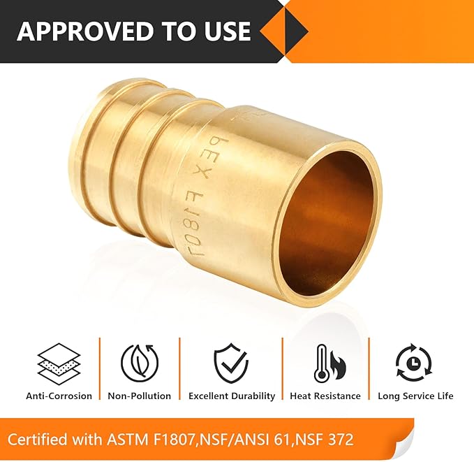 25-Pack HeSun PEX Fittings, 1" PEX x 3/4" Female Sweat Adapter (Over Copper Tube), Brass Crimp Fitting for ASTM F1807(PEX1807290-25)