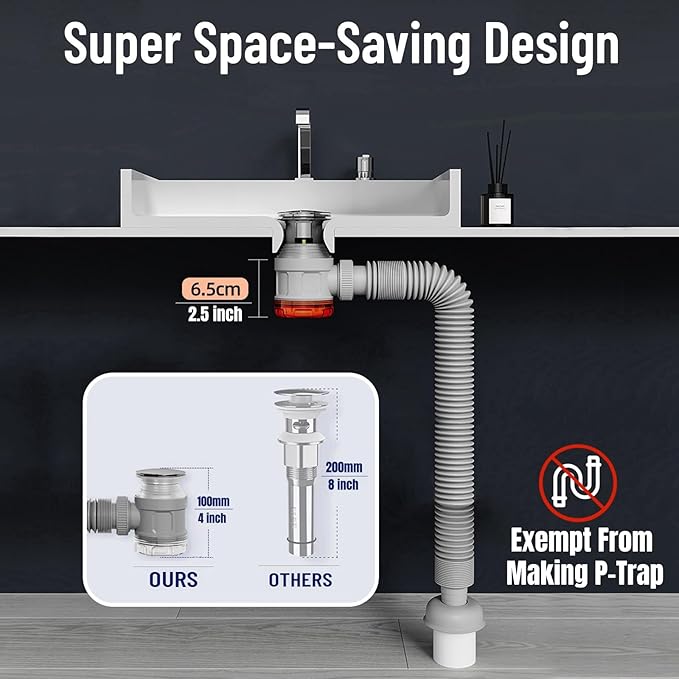 Bathroom Sink Drain Kit with Flexible Expandable Pipe: Odor-Free & Backflow-Preventing, Space-Saving Design without a P-trap, For 1-1/4'' & 1-1/2'' Drain Hole (Chrome, With Overflow)