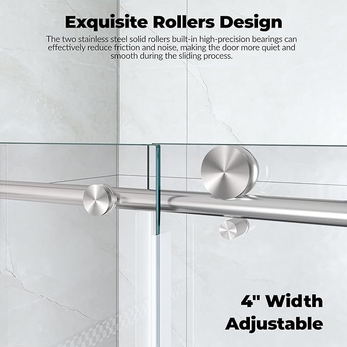 Semi-Frameless Sliding Shower Door - 44 to 48 Inch Adjustable Width x 76 Inch High, 6mm Coated Tempered Glass with Easy Clean, One Fixed & One Sliding Panel, Stainless Steel Round Rail, Brushed Nickel