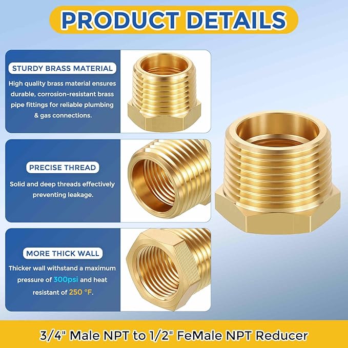 2 Pack Brass Pipe Fittings, 3/4" NPT Male to 1/2" NPT FeMale Brass Hex Bushing Reducer, Hose Tube Threaded Adapter Suitable for Air, Oil, LP, Gas