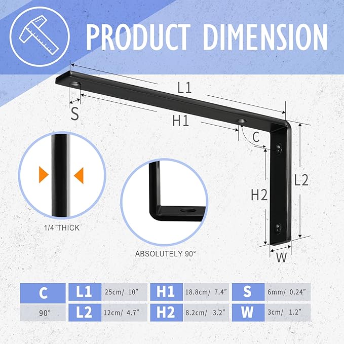 CLT Black Shelf Bracket, 10” X 4.7” Quarter Inch (1/4") Thick- Max Load: 440 lb Rustic Industrial Modern Farmhouse Heavy Duty Cold Rolled Steel Bracket for DIY Table Bench, Pack of 4