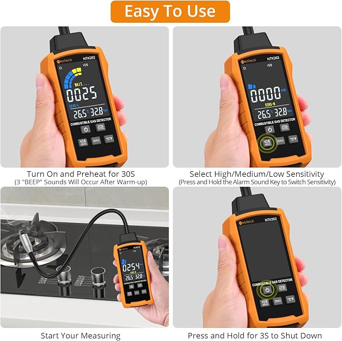 Neoteck Natural Gas Detector 0-9999PPM/0%-20% LEL Gas Leak Detector with 12” Gooseneck Combustible Gas Detector with 3 Sensitive Modes Test Methane Propane Gasoline for Gas Pipeline Gas Stove and RV