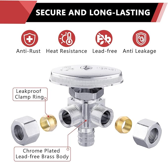 (Pack of 20) EFIELD Dual Outlet Angle Stop Valve, Multi-Turn, 1/2" Crimp Barb Pex Inlet x (3/8 inch x 3/8 inch) Compression Outlet, Chrom Plated,(VALVE063-20PCS)