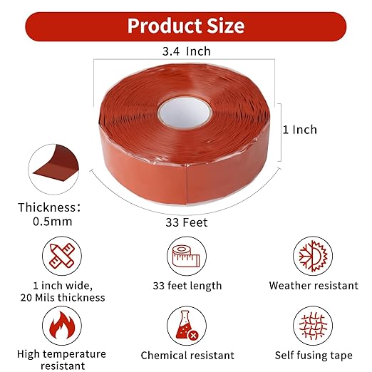 Self Fusing Silicone Tape Waterproof, Rescue Tape, 1" x 36 Feet Red, Self Amalgamating Tape, Silicone Rubber for Sealing Pipes, Hose Repair, Outdoor Coax and Electrical Cables