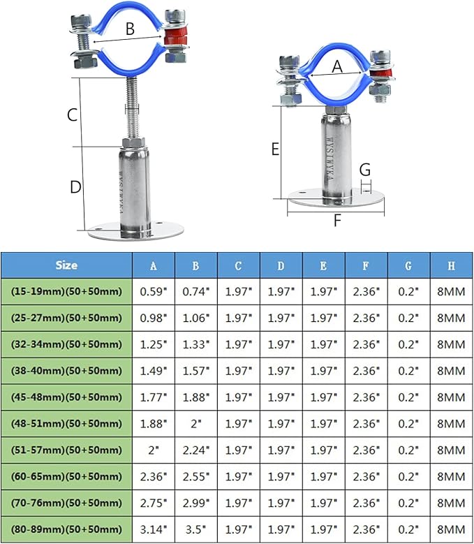 2PCS 304 Stainless Steel Wall Mount Ceiling Mount Pipe Supports, Adjustable Pipe Strap Clamp with screws for OD Pipe 51-57mm, Adjustable Height 50-100mm for ID 2" Pipe
