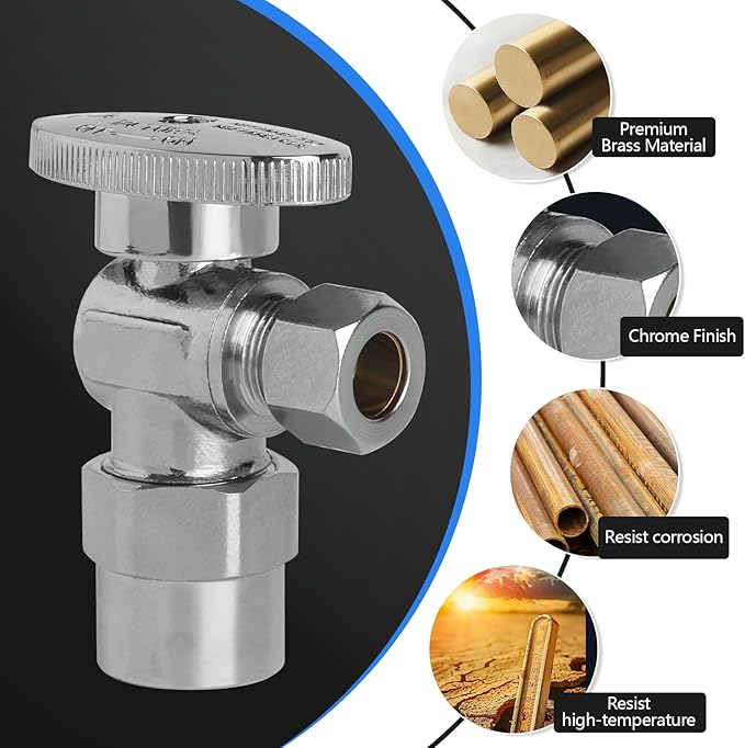 WiseWater Angle Stop Valve 1/2" CPVC x 3/8" Compression,1/4 Turn Chrome Plated Brass Plumbing Fitting for CPVC, Copper Tube (10-Pack)