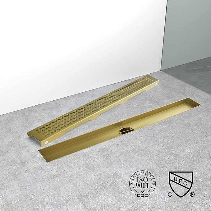 Linear Shower Drain, 60 inch Gold Drain with Removable Grate Cover, Brushed 304 Stainless Steel Shower Floor Drain, Linear Drain with Hair Strainer and Adjustable Feet