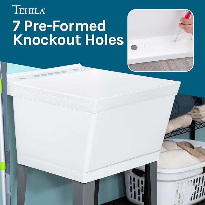 White Utility Sink Laundry Tub with High Arc Chrome Faucet for Laundry Room Basement, Garage, Shop