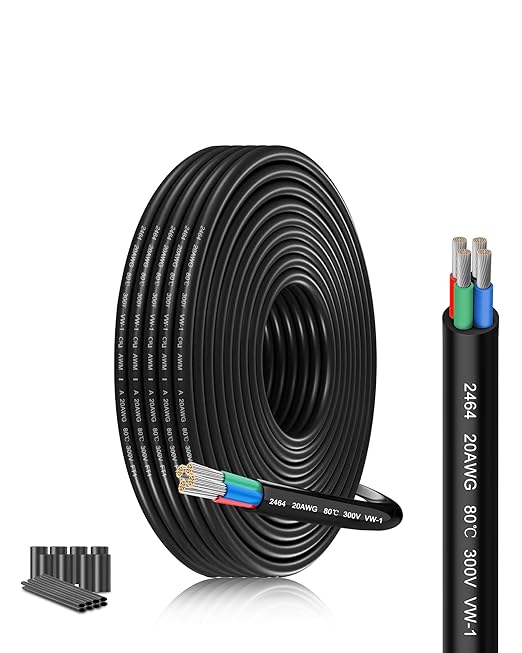 20 Gauge 4 Conductor Electrical Wire 20/4 AWG 26.25FT Stranded Tinned Copper Cable with PVC Jacket - Flexible Low Voltage Power Cord for LED Strip Lights, Automotive Marine Wiring