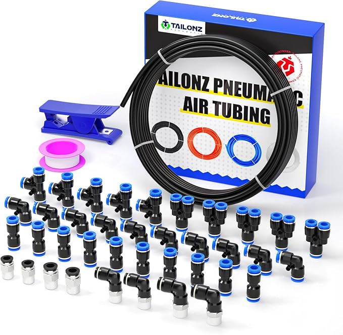 TAILONZ PNEUMATIC Black DOT 1/4''OD 10 Meter 32.8ft Nylon Air Tubing Kit Pipe Hose Air Line Tubing Air Hose Fittings Push to Connect Fittings(41PCS)