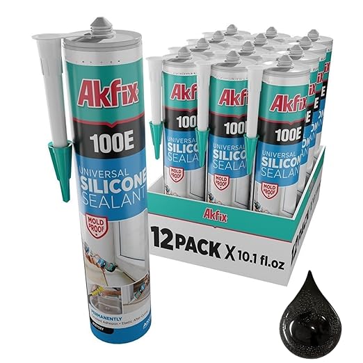 Akfix 100E RTV Black Silicone Caulk (12x10.1 fl.oz.) - 100% Waterproof Silicone Sealant for Kitchen and Bathroom, Shower, Toilet, Sink, Window and Door, UV Resistant, Flexible | Black, 12 Pack