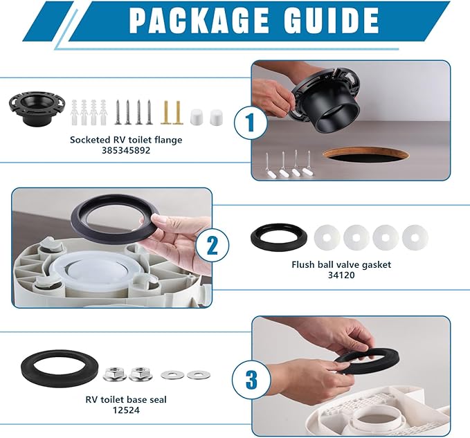 RV Toilet Seal and Socket Floor Flange Kit, 385345892 Flange and 34120 Waste Ball Seal, Toilet Flange Repair Kit fit for Thetfords Aqua Magic Style Plus, Style Lite, Style II & Residence RV Toilets