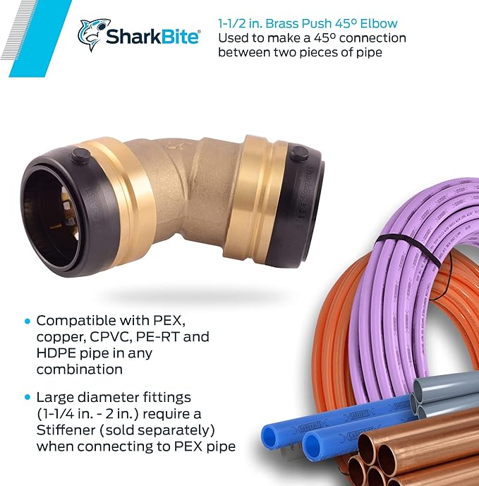 SharkBite 1-1/2 Inch 45 Degree Elbow, Push to Connect Brass Plumbing Fitting, PEX Pipe, Copper, CPVC, PE-RT, HDPE, UXL0541
