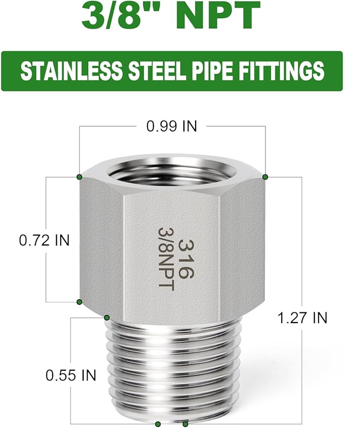 TAISHER 2PCS Forging of 316L Stainless Steel Pipe Fitting, Reducer Adapter, 3/8" NPT Male x 3/8" NPT Female, Reducing Pipe Adapter Fitting
