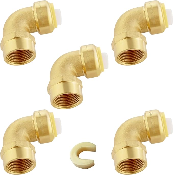 Push-fit Female Elbow,3/4" x 3/4" FNPT Female Threaded Elbow with Disconnect Clip, Push Fittings for Copper, PE-RT, CPVC Pipe(Pack of 5)