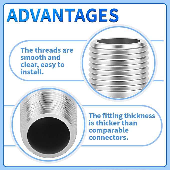 ChillWaves 304 Stainless Steel Pipe Fitting, Nipple Cast Pipe 1/4" NPT Male x 1/4" NPT Male Thread 6" Length(150MM)(2-PACK)