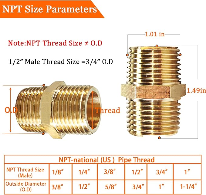 2PCS Hex Brass Nipple 1/2" NPT Male X 1/2" NPT Male Pipe Fitting 1/2 inch Brass Pipe Nipples Male Pipes Adapter Fittings Heavy Equal Nipples Connectors