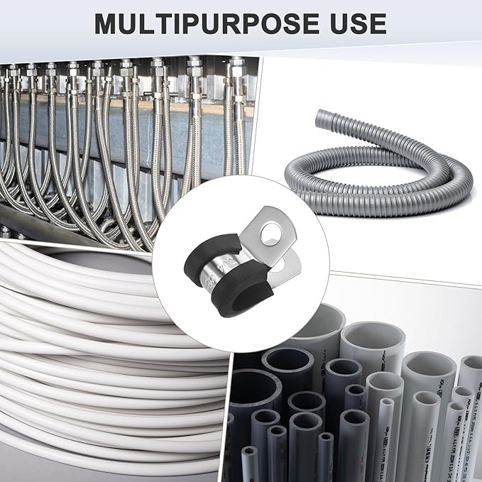 12-Pack Cable Clamps, 5/16 Inch/ 8 mm 304 Stainless Steel Rubber Cushioned Insulated Cable Clamp R Shape Metal Holder for Tube/Wire/Pipe/Loop Installation