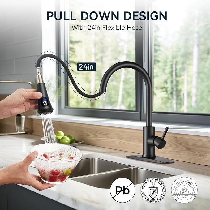FORIOUS Black LED Kitchen Faucet with Pull Down Sprayer, High Arc Single Handle Modern Stainless Steel Sink Faucet with Temperature Digital Display, Suitable for Farmhouse Camper Rv Bar