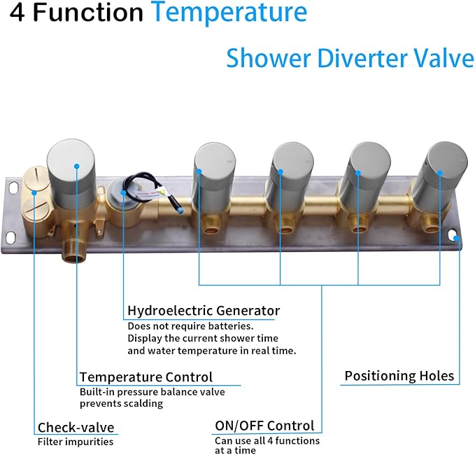 4 Way Shower Diverter Valve with Temperature Display Brass Rough-In Shower Mixing Valve Kit Replacement Can Work At The Same Time, Brushed Nickel
