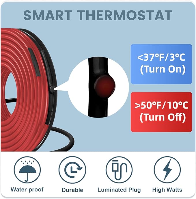 45 Feet Heating Tape for Pipe Freeze Protection with Build in Thermostat, 120 V Electric Pipe Protection from Freeze with Thermostat, 7 W/Ft, Heat Trace for Water Pipes