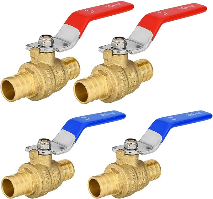 4-Pack Foskan 3/4" PEX Crimp Ball Valve, Brass Quarter Turn Full Port Shut-off Valve for PEX Tubing(Blue and Red)