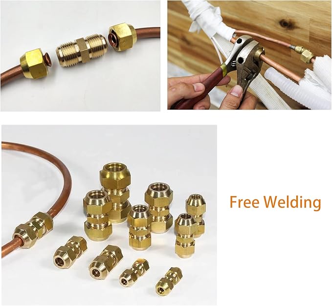 1/4" and 3/8" Copper Pipe Extension Joint Connectors, 2 Packs AC Pipe Connectors with HVAC Flare Nuts, Free Welding copper flare fittings, Air Conditioning Pipe Coupling Adapters for Butt Copper Tube