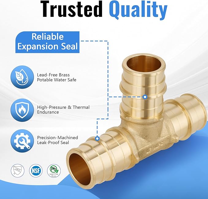 (5-Pack YVSKM) 3/4" PEX-A Tee Expansion Fitting, Lead-Free Brass Full Flow Connector, ASTM F1960 & cUPC Certified for Residential Hot & Cold Water and Radiant Heating Systems