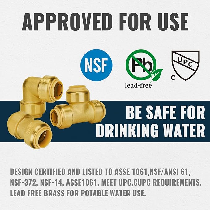 SUNGATOR Plumbing Fittings 3/4 Inch, Push Pex Fittings 3/4", 10 Each Coupling and 90 Degree Elbow, Tee (5 PCS), No Lead Brass Push to Connect Pex Pipe, Copper, CPVC, with 1 Disconnect Clip, Pack of 25