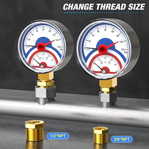 MEANLIN MEASURE 0-160Psi Thermal Pressure Gauge,0-250℉ 1/4" NPT 2.5" FACE DIAL, Boiler Temperature Pressure Gauge with Reset Pointer, with 1/2" NPT and 3/8" NPT Hex Bushing, Lower Mount