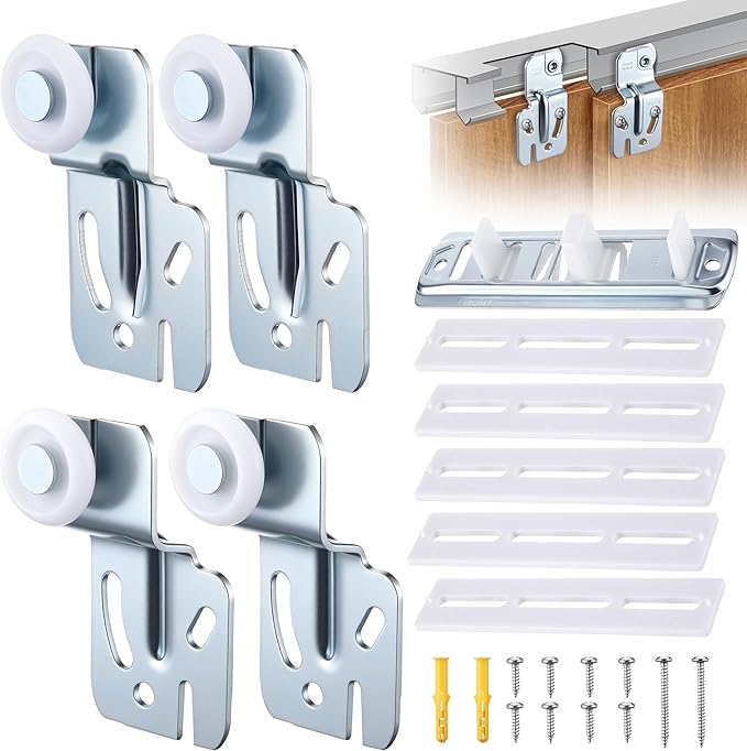 Feekoon 6 Pcs Sliding Closet Door Hardware Kit, Closet Door Rollers with Adjustable Floor Guide & Heightening Pads, Wardrobe Rollers Replacement for 3/4" to 1-3/8" Thick Top Hung(Square)