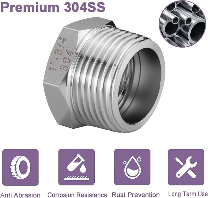 Jingzan 4 Pack 304 Stainless Steel Reducer Hex Bushing 1" Male NPT × 3/4" Female NPT Pipe Fitting Adapter with Seal Tape (1 MNPT × 3/4 FNPT)
