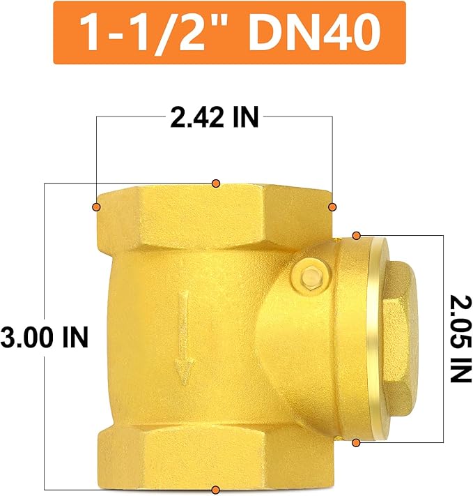 GASHER 1PCS Brass Swing Check Valve 1-1/2" Female Thread, Backflow Prevention, One Way Check Valves for Sump Pump and Air Compressor, Gas Air Fuel Oil Water