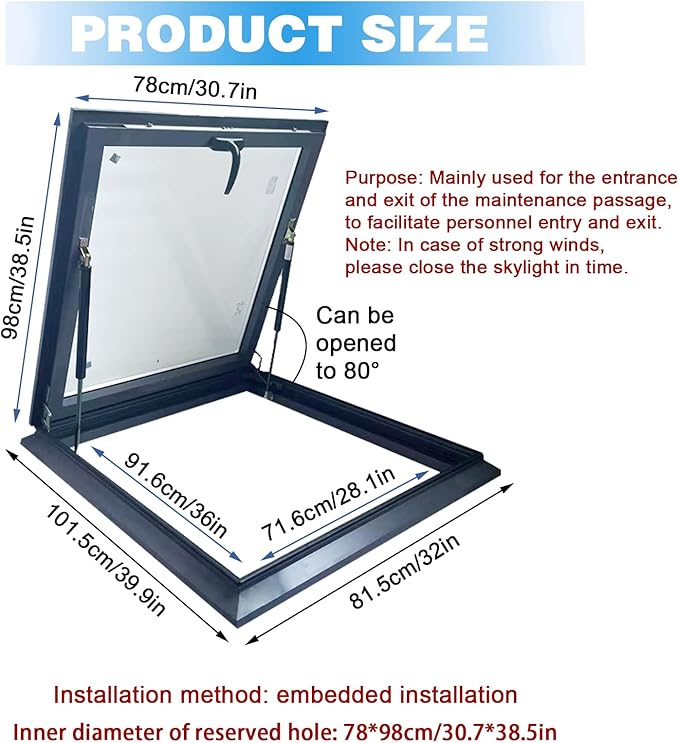 Skylight Roof Window, Tempered Glass Skylight Cover, Aluminum Alloy Frame & Hydraulic Rod, Egress Roof Window with Double-Layer Tempered Glass, for Roof, Attic, Basement, Sun Room(30.7*38.5in/78*98cm)