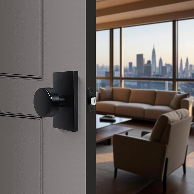 Matte Black Adjustable Door Latch 60 or 70mm, 45° Turning Angle, Door Lock Replacement Parts with Door Strike Plate, Wood Dowel, Dust-Boxes