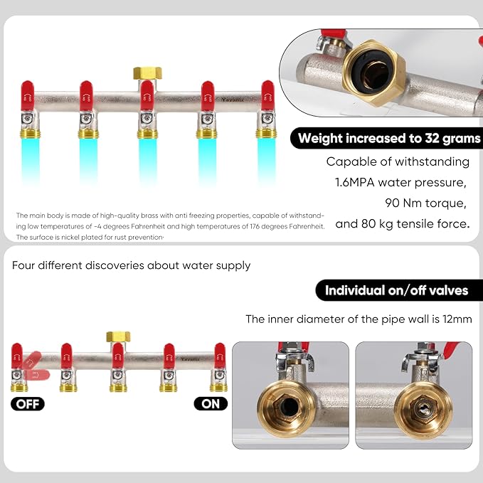 5 Way Garden Hose Splitter, Heavy Duty Brass Nickel Plated Rust Resistant Faucet Manifold, 3/4" Frost Resistant Outdoor Hose Adapter Connector，Hose Spigot Adapter with 5 large red handles