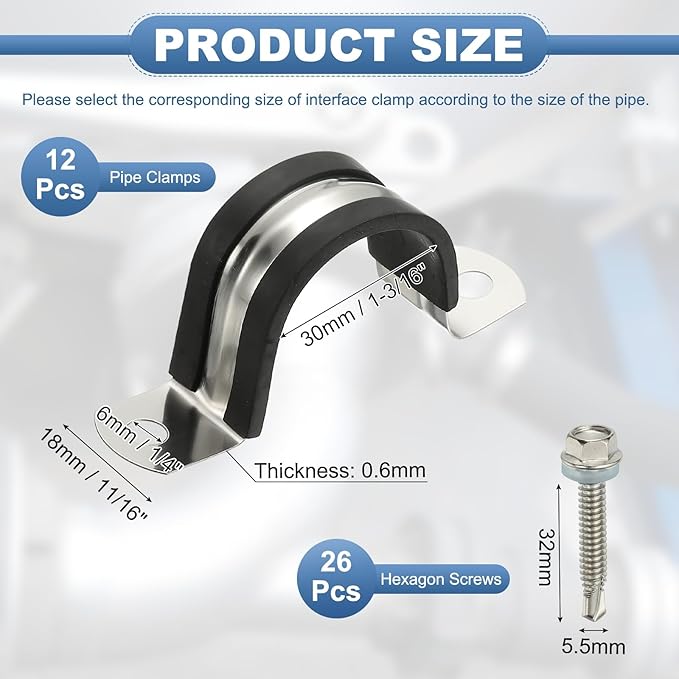 PATIKIL 12Pcs Pipe Clamps, 1-3/16 Inch 304 Stainless Steel Rubber Cushioned U Bracket Conduit Clamps Pipe Strap Wire Clips with Hexagonal Screw for Tube Hose Cord Installation, 30mm