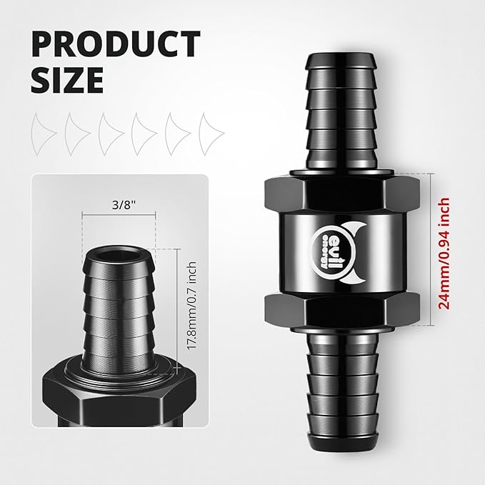 EVIL ENERGY 3/8" (10mm) Check Valve, 3 Pcs Aluminum One Way Fuel Check Valve for Gasoline, Diesel & Coolant with Universal Hose Clamps, Black