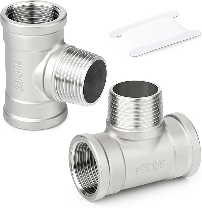 TAISHER 2PCS 304 Stainless Steel Tee Pipe Fittings, 3/8" NPT Female x 3/8" NPT Male x 3/8" NPT Female Pipe Fittings, Male Branch Tee