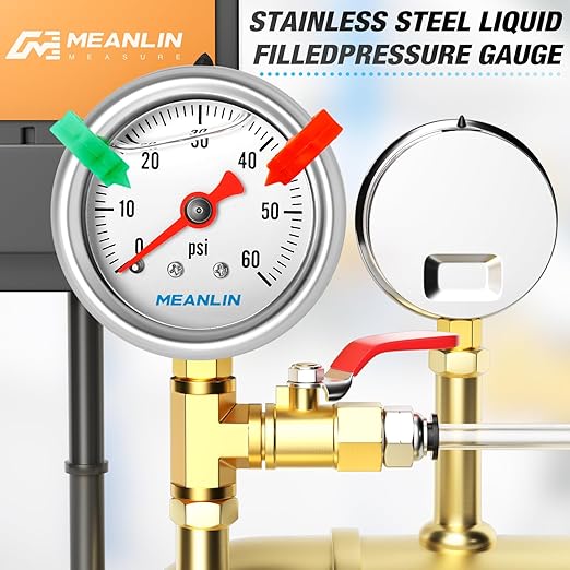 MEANLIN MEASURE 0~60Psi Pressure Gauge, Glycerin Filled 1/8" NPT 1.5" FACE DIAL, Stainless Steel Liquid Filled Pressure Gauge WOG Water Oil Air Lower Mount (with 2PCS Snaps)