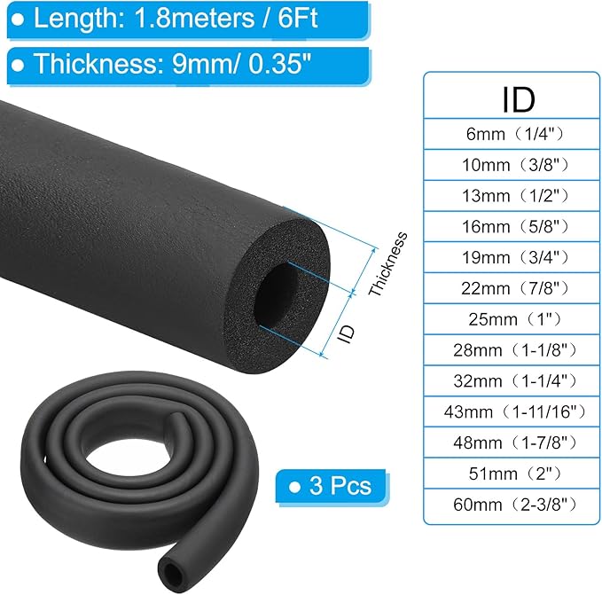 PATIKIL 1"(25mm) ID x 6Ft Pipe Insulation Foam Tube, 3Pcs Pipe Cover Wrap Roll Bar Padding Tubing for Handle Grip HVAC Outdoor Air Conditioner Units