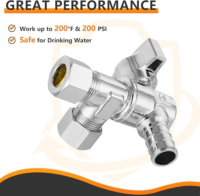 2-PCs HeSun Barb Crimp Inlet Angle Stop Valve, Quarter-Turn 1/2" PEX-B x 3/8" OD x 3/8" OD Compression, Dual Compression Outlet Shut Off Valve, PEX Chrome Plated Brass, ASTM F1807(VALVE200)