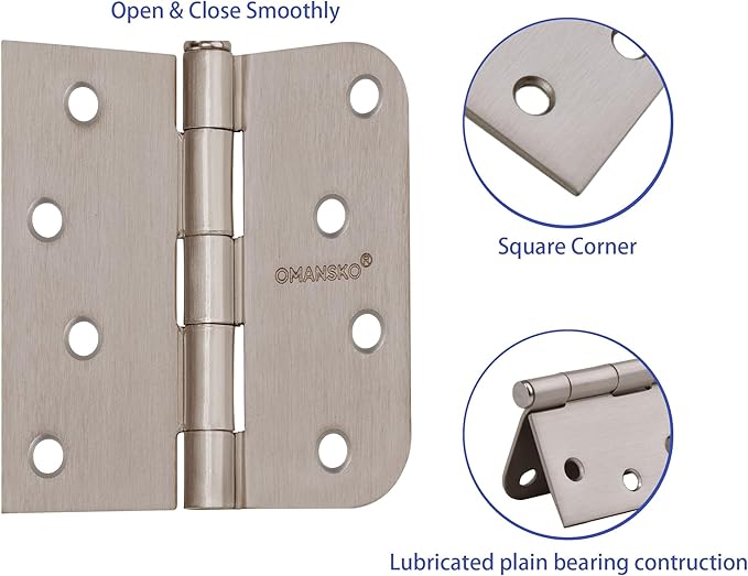 4 x 4 Inch Nickel Door Hinges, 18 Pack Satin Nickel Hinges for Interior Doors Heavy Duty Hinges with Square and 5/8" Radius Corner