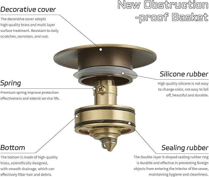 BWE One-Piece Pop-Up Drain Assembly with Strainer for Bathroom Vessel Vanity Faucet Bathroom Vessel Sink Drain Stopper with Overflow Antique