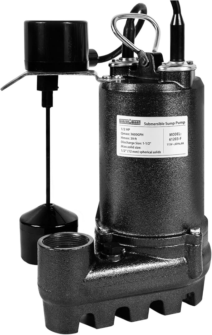 WASSERMANN 1/2HP 3600GPH Cast Iron Submersible Sump Pump with Vertical Float Switch,1-1/2"NPT Discharge Sewage Pump with 10FT Cord for Basement, Sump Basin, Sewage Well