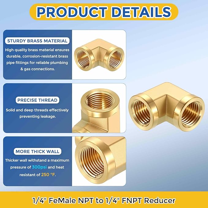 5 Pack Brass Pipe Fittings, 90 Degree 1/4" FeMale NPT to 1/4" FeMale NPT Barstock Street Elbow with Sealing Tape, Forged Pipe Fitting Connector for Air, Oil, LP