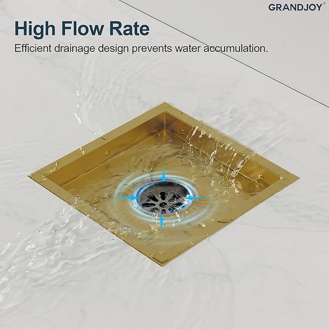 6 Inch Square Shower Floor Drain, Brushed Gold SUS304 Stainless Steel Grid Grate with X-Shaped High Flow Channel, Anti-Clogging Hair Strainer, Standard 2" Outlet
