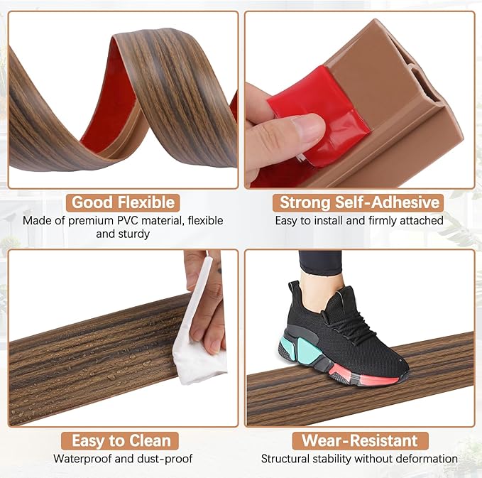 Vinyl Door Threshold Flooring Transition Strip Self Adhesive Carpet Edging Strip for Laminate Doorway Edge Threshold from 2/5" to 3/5" (Smoked Brown Wood Grain, 6.6 Ft)