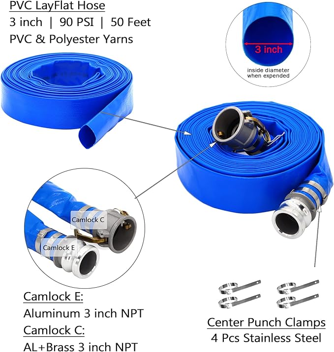DAVCO 3" ID × 50 ft PVC Lay Flat Discharge Hose, Heavy Duty Reinforced Blue Pool Backwash Hoses For Swimming Drain Pools, with Aluminum Camlock C and E Fittings, Cam Lock Fitting Type A included